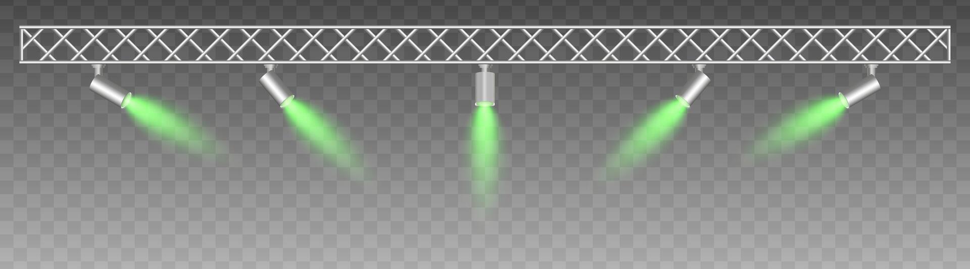 Metal truss with adjustable spotlights emitting soft green beams, searchlight. projector. Industrial-style setup with focused lighting, Stage light, exhibitions, modern interior vector