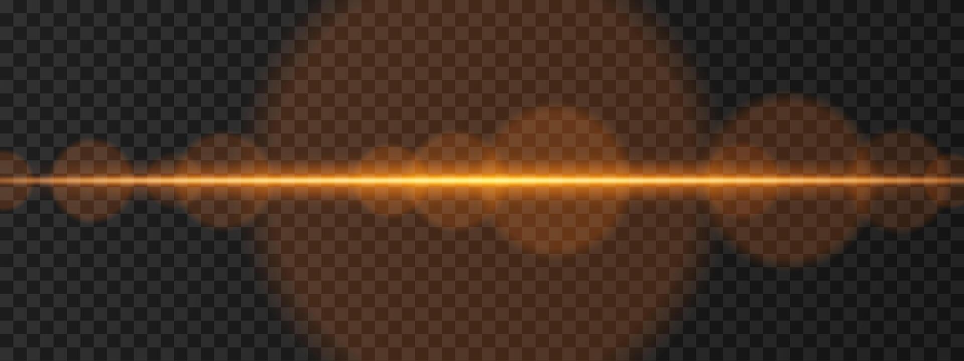 Intense gold horizontal laser beam. Bright, focused light with lens flares and glow effects. Sci-fi design, futuristic highlights, and energy flow on a dark background. vector