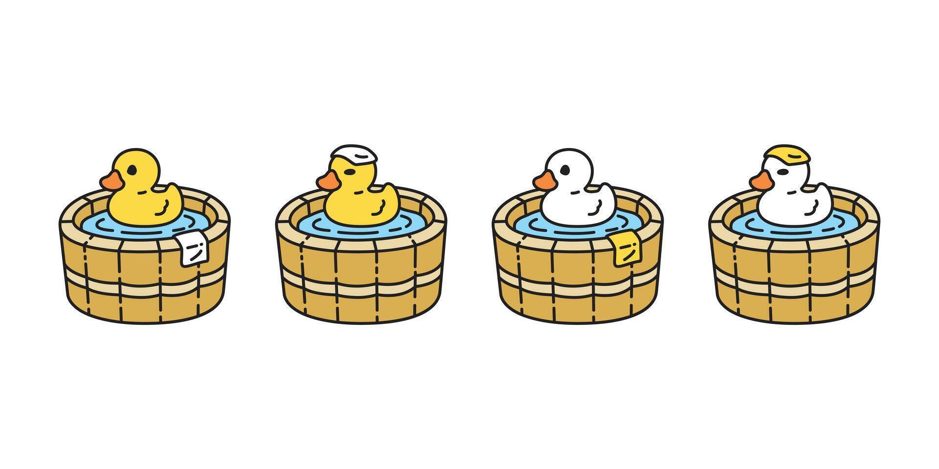 duck shower bathing oak barrel swimming icon scarf logo cartoon character yellow rubber duck bird chicken symbol doodle isolated illustration design vector