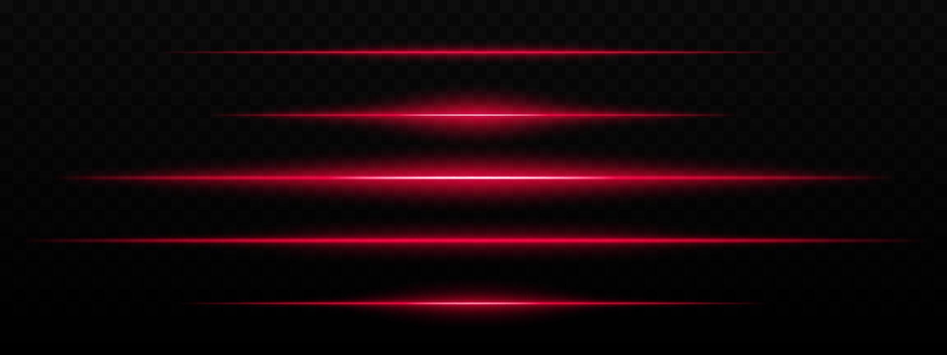 Intense red horizontal light streaks with a glow effect on a dark background. Suitable for futuristic themes, sci-fi effects, or digital transitions. vector