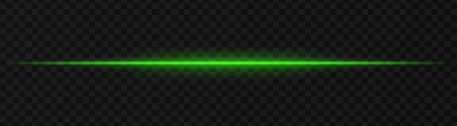 Intense green horizontal light beam effect on a transparent background, ideal for sci-fi themes, digital design elements, or futuristic visual effects. vector