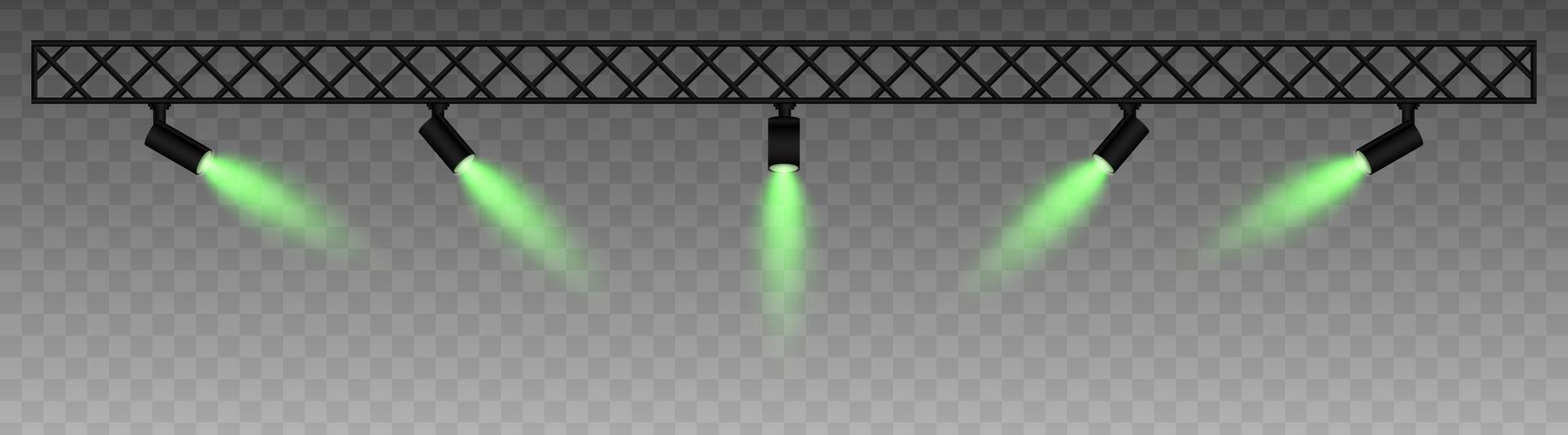 Metal truss with adjustable spotlights emitting soft green beams, searchlight. projector. Industrial-style setup with focused lighting, Stage light, exhibitions, modern interior vector