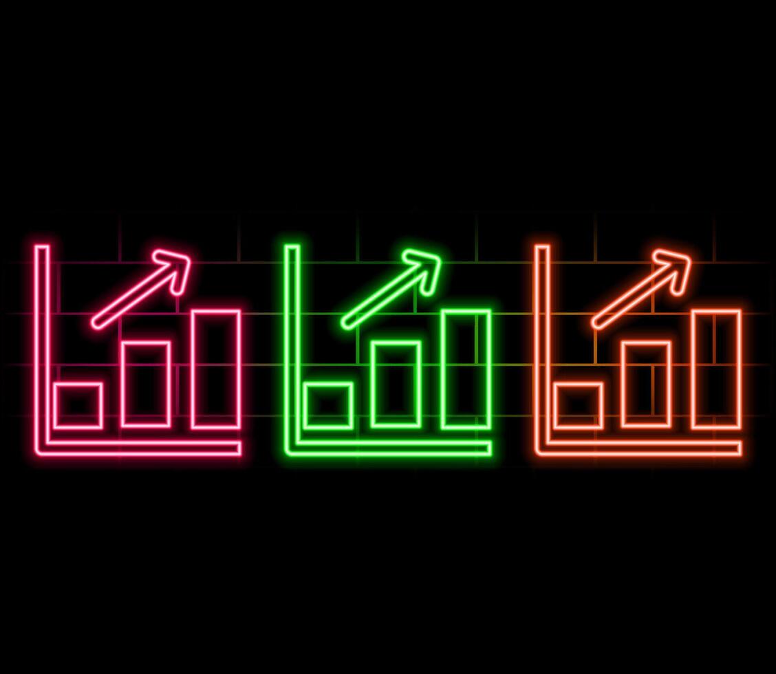 Outline neon growth arrow bars icon. Glowing neon upward chart trend sign, rise arrow bars. Financial forecast, rise in shares, growth level, increase profit, growing trend. icon set vector