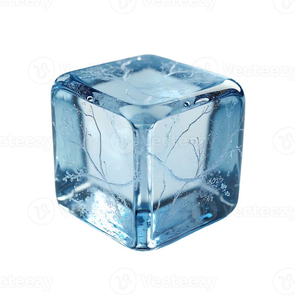 Square ice block showcasing a cracked surface and cool texture, isolated on a transparent backdrop png