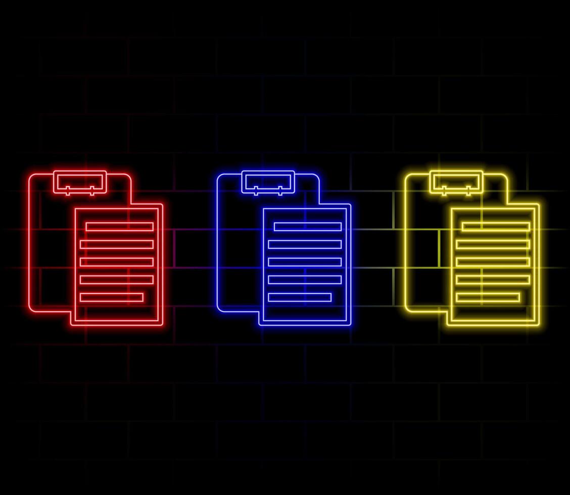 Glowing neon line Clipboard with checklist icon isolated on brick wall background. Control list symbol. Survey poll or questionnaire feedback form. Illustration isolated on brick wall. vector