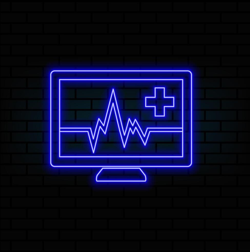 Glowing neon line Laptop with cardiogram icon isolated on brick wall background. Monitoring icon. ECG monitor with heart beat hand drawn. .blue vector
