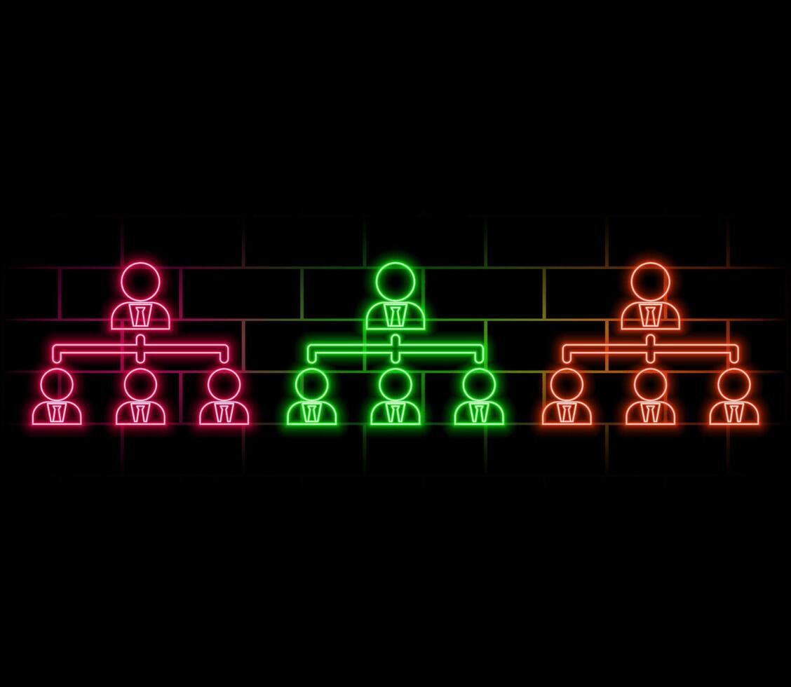 Neon light glow effect. Group line icon. Business management sign. Teamwork symbol. 3d line neon glow icon. Brick wall banner. Group outline. vector