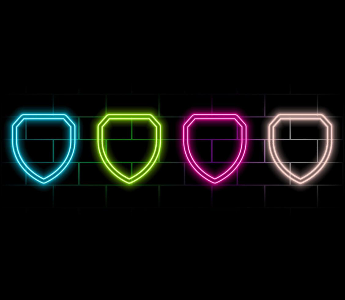 Neon shield icon. Glowing neon shield sign, outline guard symbol in vivid colors. Online security and protection, safety and guarantee emblem, antivirus firewall. Icon set, sign for UI vector