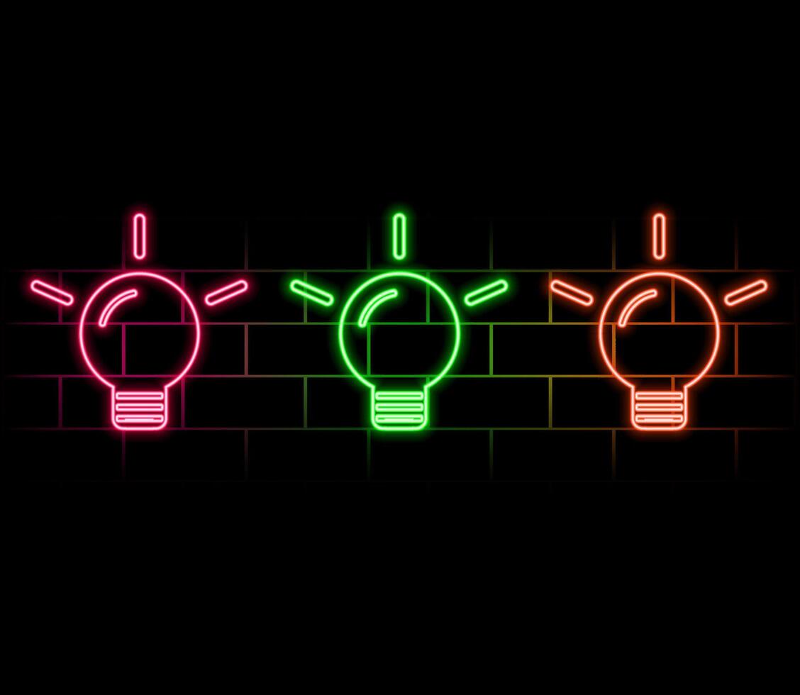 Outline neon electric lamp icon. Glowing neon lightbulb with rays of light, bulb pictogram. Idea and solution, business innovation, creative energy, inspiration power and creativity. icon set vector