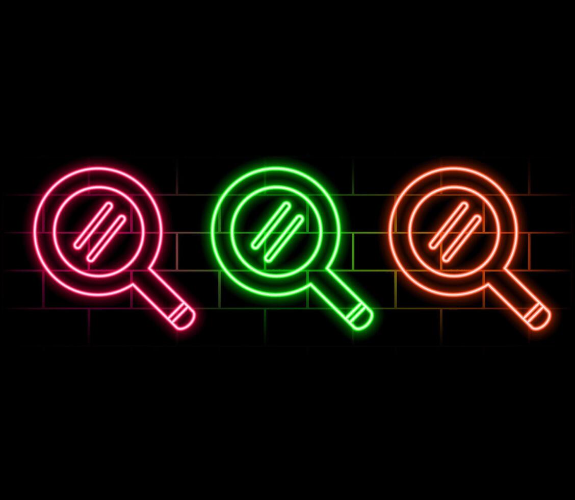 Neon magnifying glass icon. Glowing neon search sign, outline loupe pictogram in vivid colors. Online search, data analysis, find information and exploration. icon set, sign, symbol for UI vector