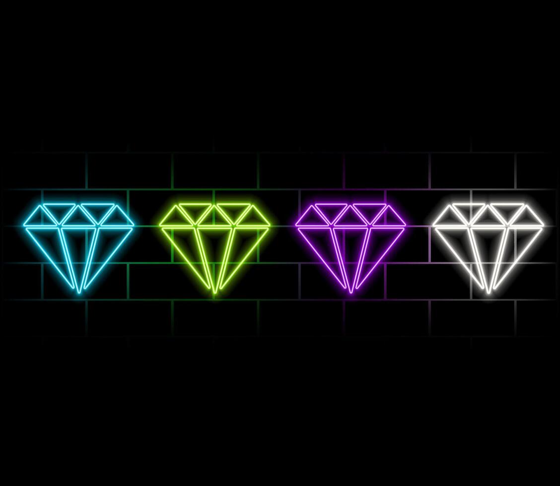 Neon diamond icon set. Glowing coloful jewel gem shape border. Casino shape action UI elements with copy space. Purple, blue, pink, yellow, green, red color text box. illustration. vector