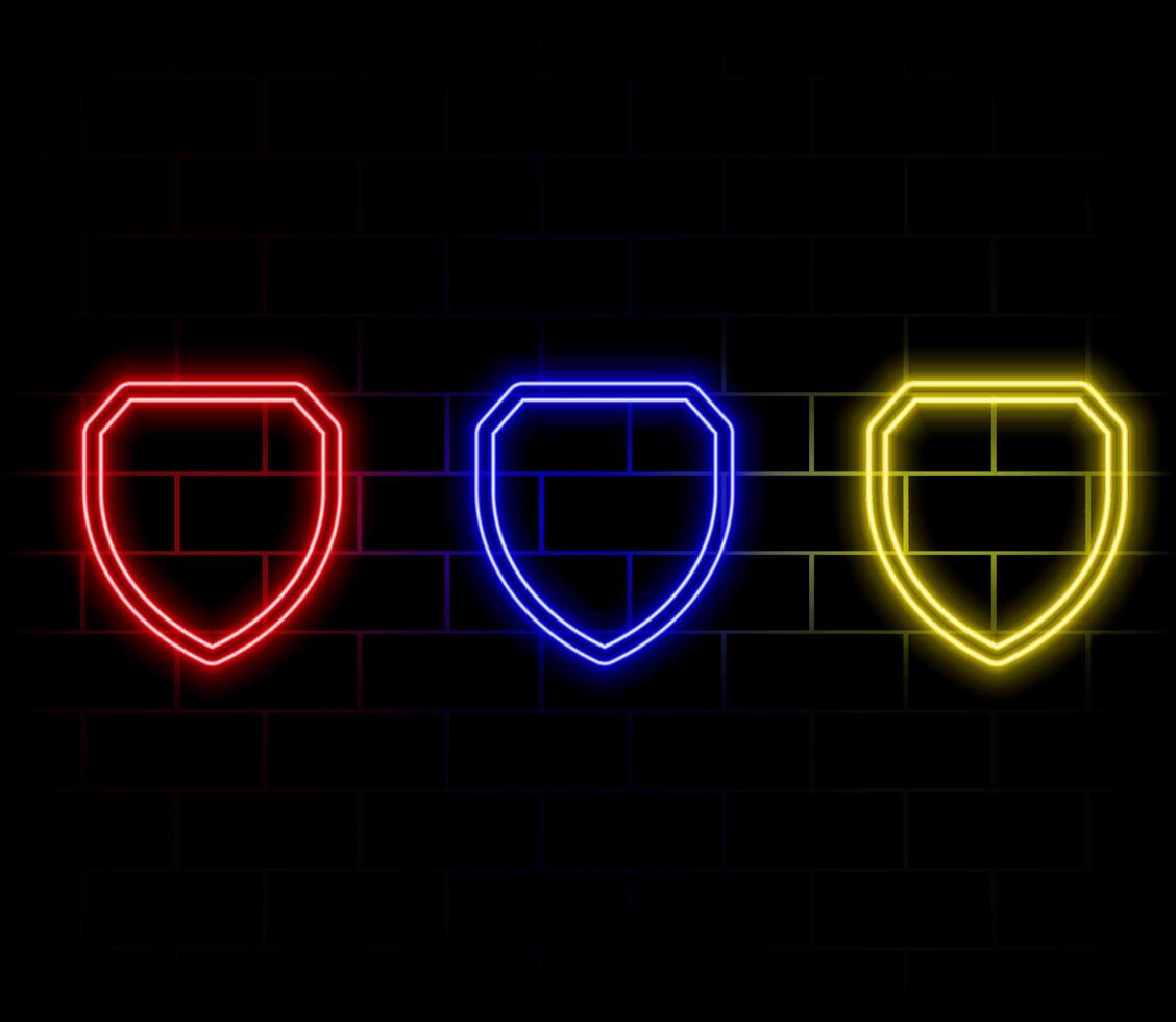 Neon light speech bubble. Shield line icon. Privacy secure sign. Safe defense symbol. Neon light background. Shield glow line. Brick wall banner. vector