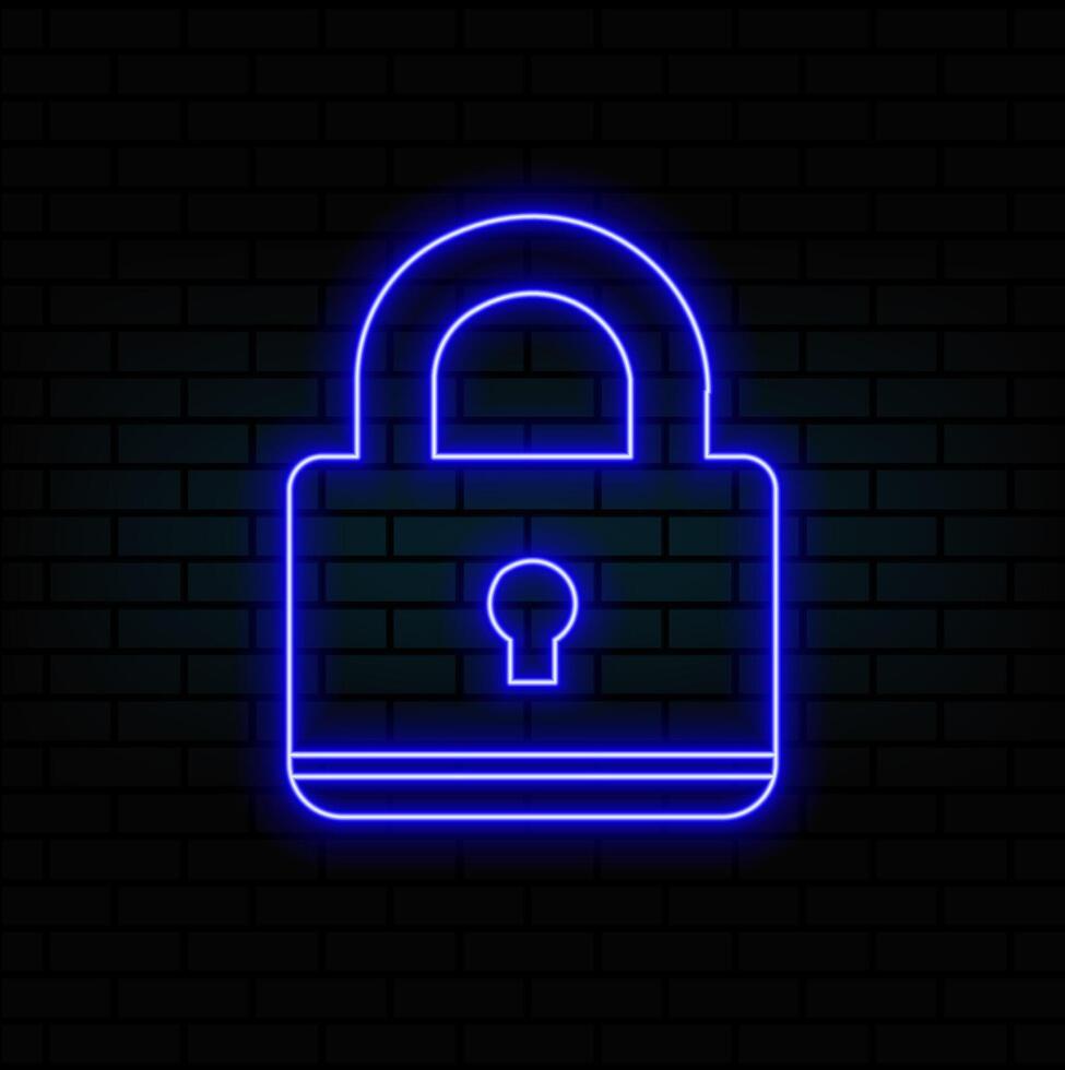 Neon closed lock icon. Glowing neon lock sign, outline padlock silhouette in vivid colors. Personal data protection, cyber security, reliable storage of information. icon set, sign, pictogram vector