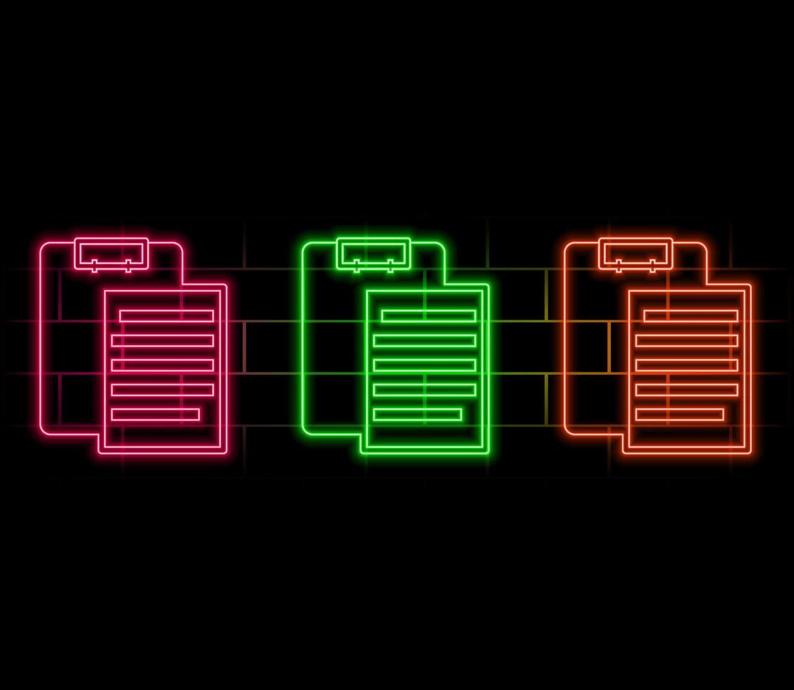 Glowing neon line Clipboard with checklist icon isolated on black background. Control list symbol. Survey poll or questionnaire feedback form. vector