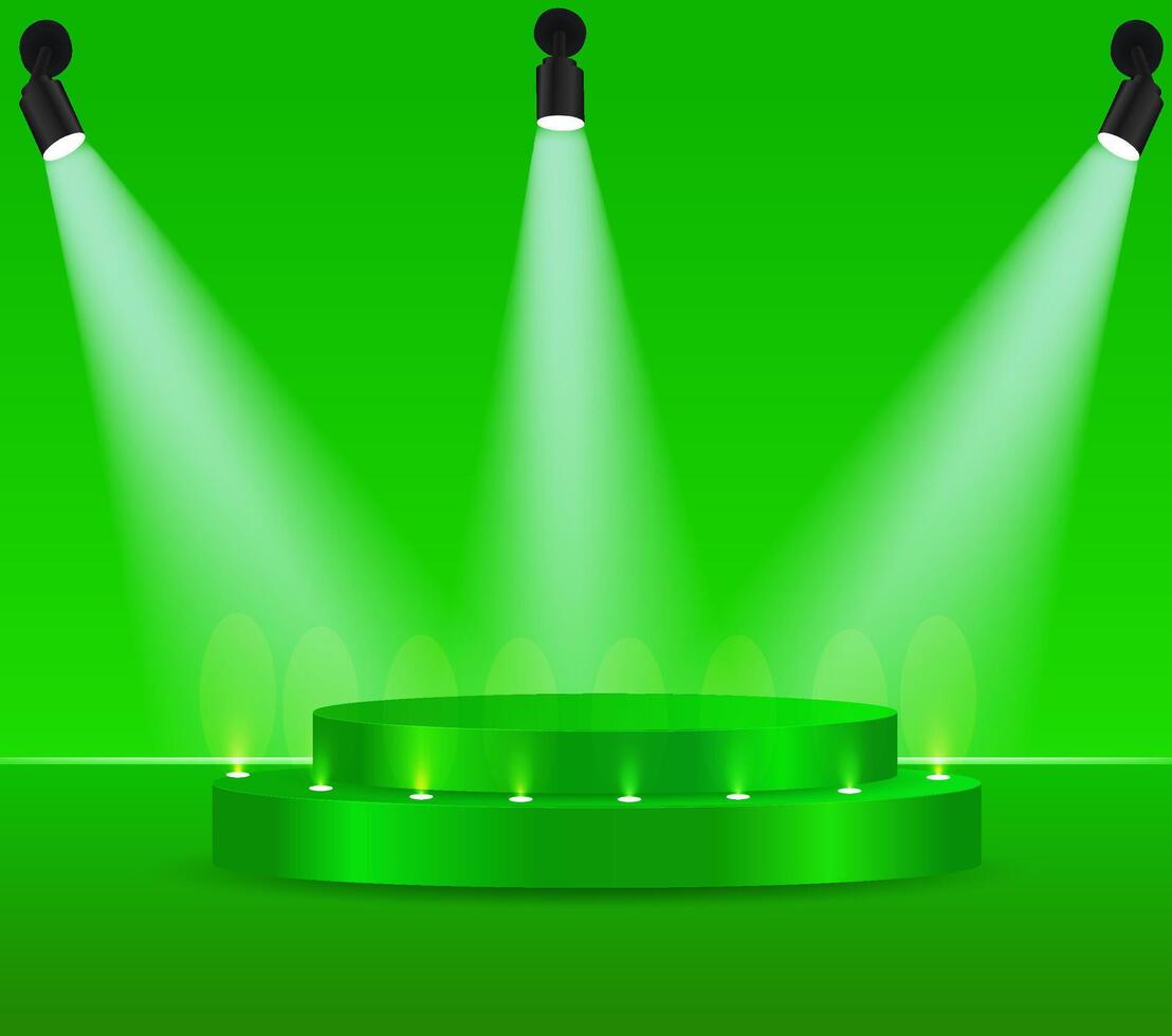 3D green podium background with green cylinder pedestal and reflective light scene. Platforms mockup supports product display presentation. Abstract pastel composition in minimalist design. vector
