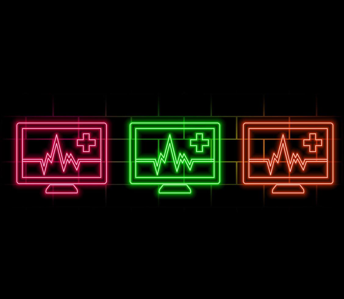 Glowing neon line Laptop with cardiogram icon isolated on brick wall background. Monitoring icon. ECG monitor with heart beat hand drawn. .pink vector