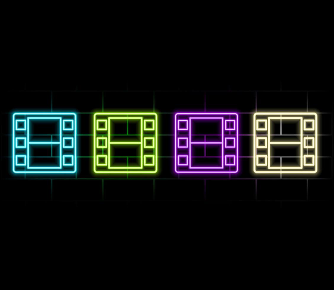 Outline neon clapperboard, purple blue icon. Glowing neon clapper board with play sign. production, cinema editor, movie shooting, music clip recording. Filmmaking studio, multimedia editor vector