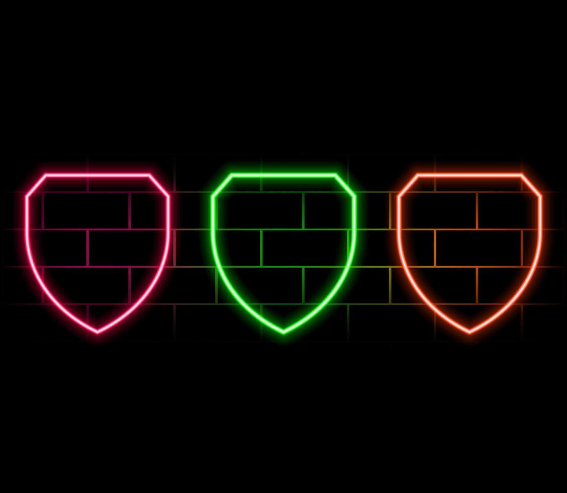 Neon light speech bubble. Shield line icon. Privacy secure sign. Safe defense symbol. Neon light background. Shield glow line. Brick wall banner. vector