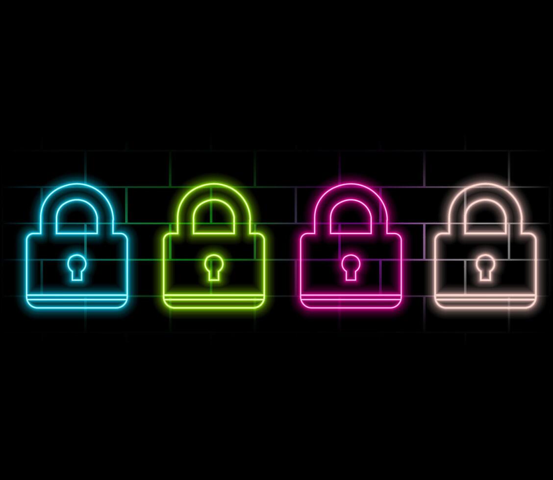 Neon padlock. Lock circle icon isolated on black. vector