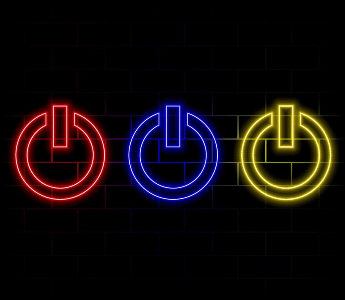 Neon bright glowing cyber power button on blue green color. vector