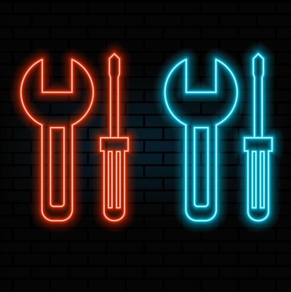 Neon sign tools. Wrench and screwdriver. The concept of repair, call the master, service tool. Glowing neon sign on a dark background. vector