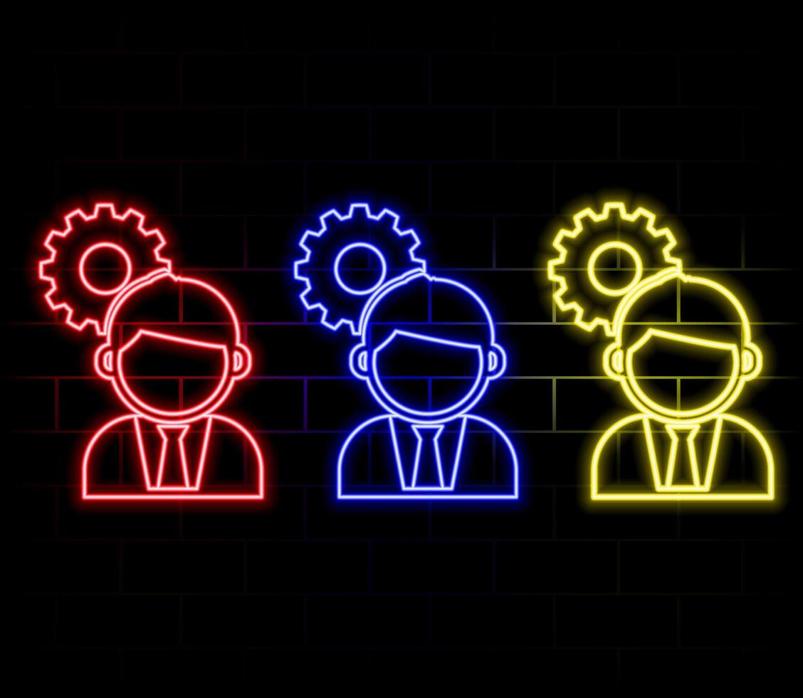 Young business man thinking and asking himself about next job or project. Career choosing icon neon glow illustration concept vector