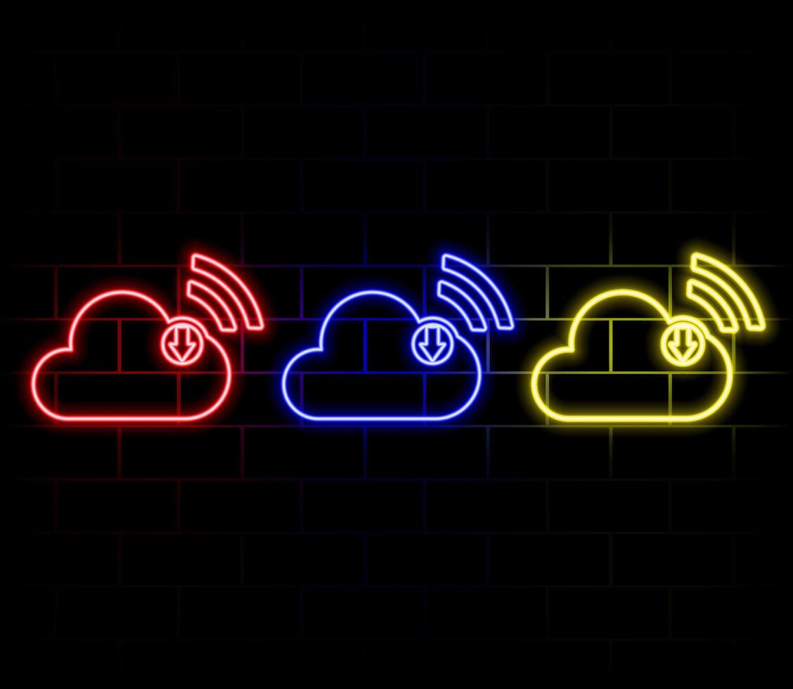 3d download multimedia file document from cloud management. download digital file of image and content. App with data transfer notification icon. neon style. vector