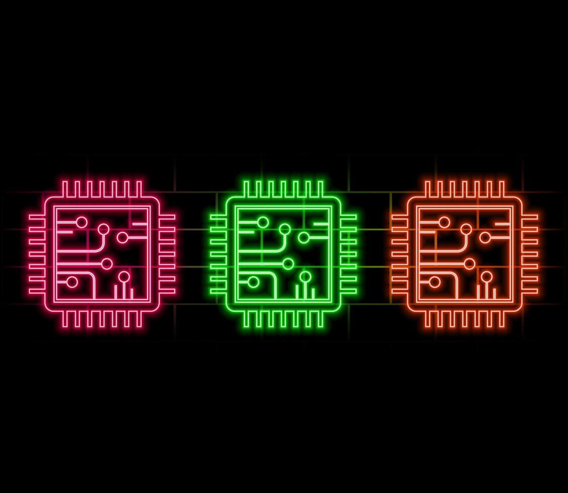 Glowing neon line Computer processor with microcircuits CPU icon isolated on black background. Chip or cpu with circuit board. Micro processor. .green vector