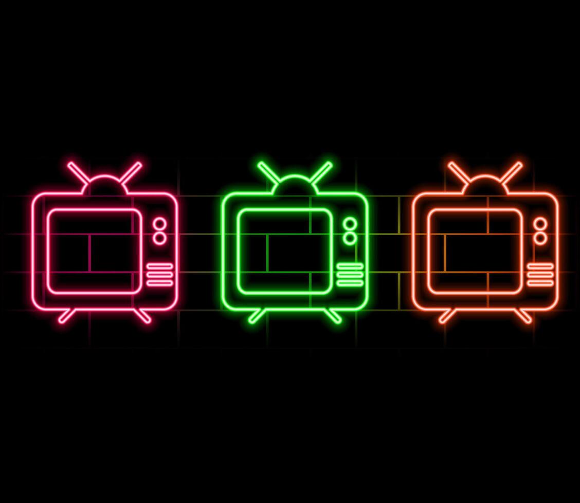 Glowing neon line Tv icon isolated on brick wall background. Television sign. Colorful outline concept. .pink vector