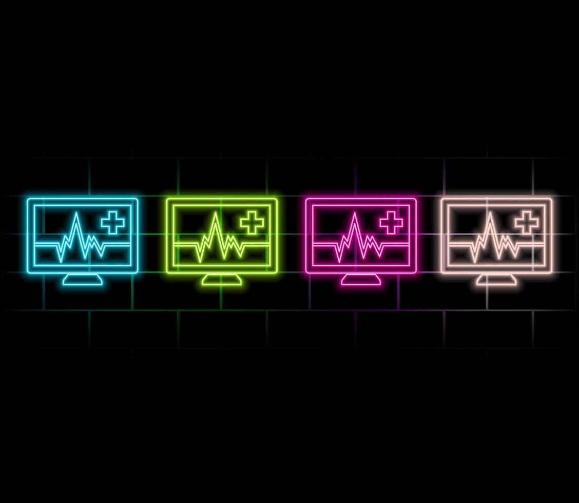 Glowing neon line Laptop with cardiogram icon isolated on brick wall background. Monitoring icon. ECG monitor with heart beat hand drawn. .green vector