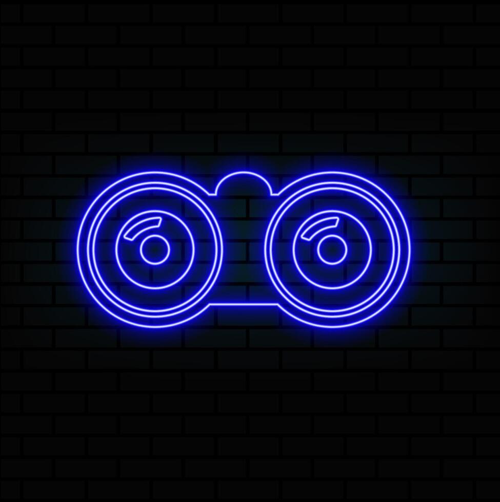 Glowing neon Binoculars icon isolated on brick wall background. Find software sign. Spy equipment symbol. vector
