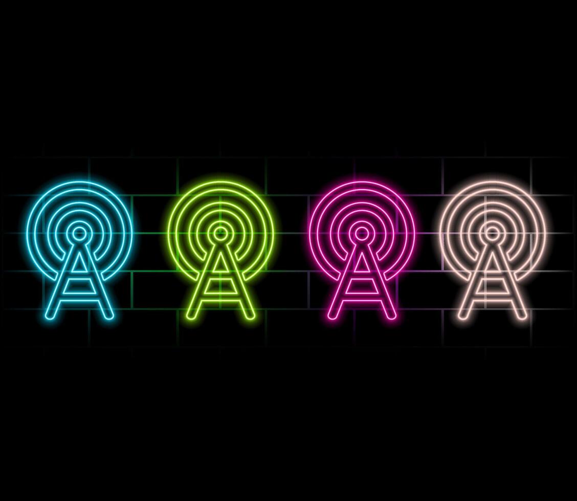 Glowing neon line Antenna icon isolated on brick wall background. Radio antenna wireless. Technology and network signal radio antenna. Colorful outline concept. vector