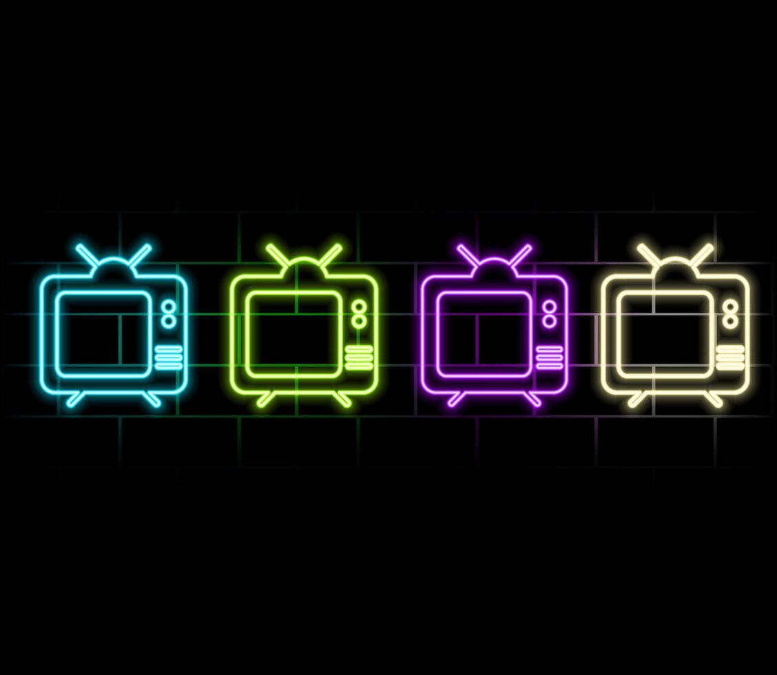 Glowing neon line Tv icon isolated on brick wall background. Television sign. Colorful outline concept. .green vector