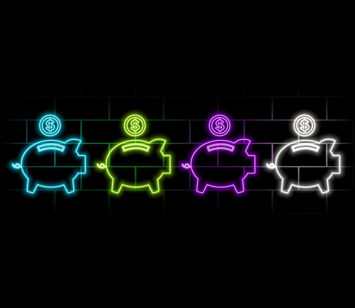 Neon light glow effect. Piggy bank line icon. Coins money sign. Business savings symbol. 3d line neon glow icon. Brick wall banner. Piggy bank outline. vector