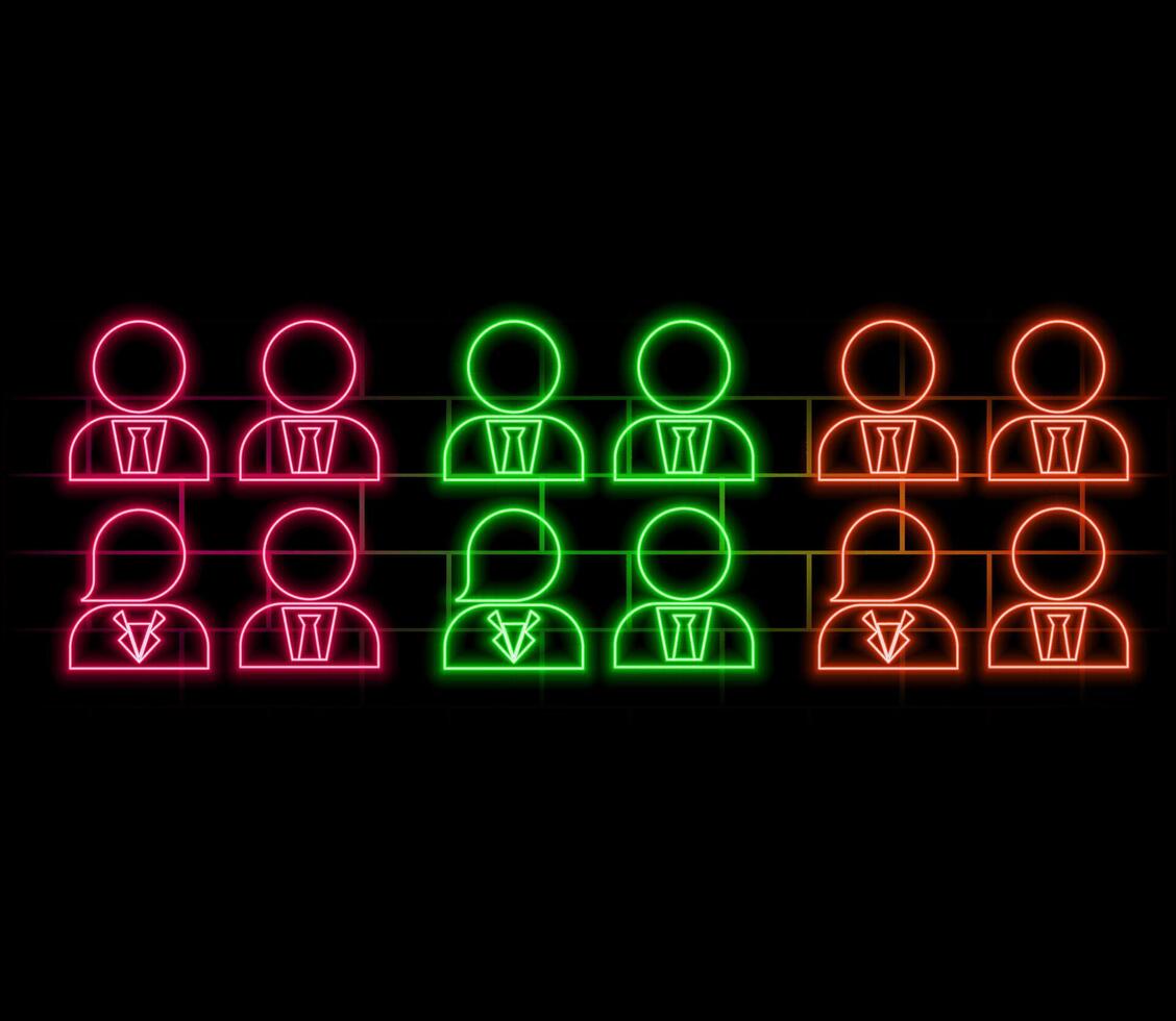 Man and woman with laptop talking and working in office. Teamwork icon neon glow illustration concept vector