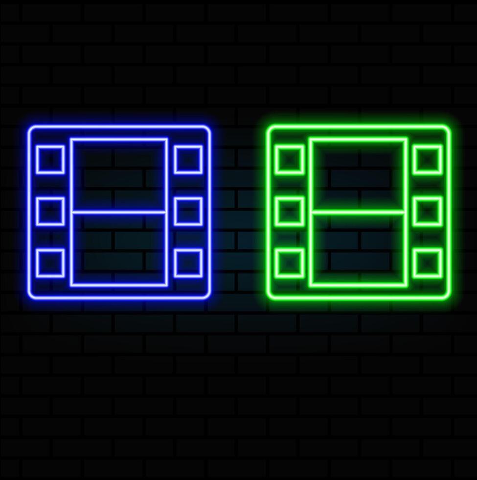 Set line Live stream, Play , Movie spotlight and Old film movie countdown frame. Glowing neon icon. vector
