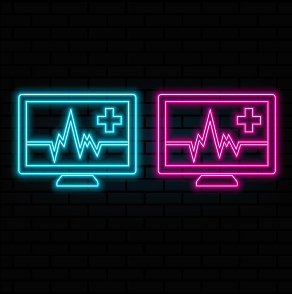 Glowing neon line Laptop with cardiogram icon isolated on brick wall background. Monitoring icon. ECG monitor with heart beat hand drawn. .purple vector