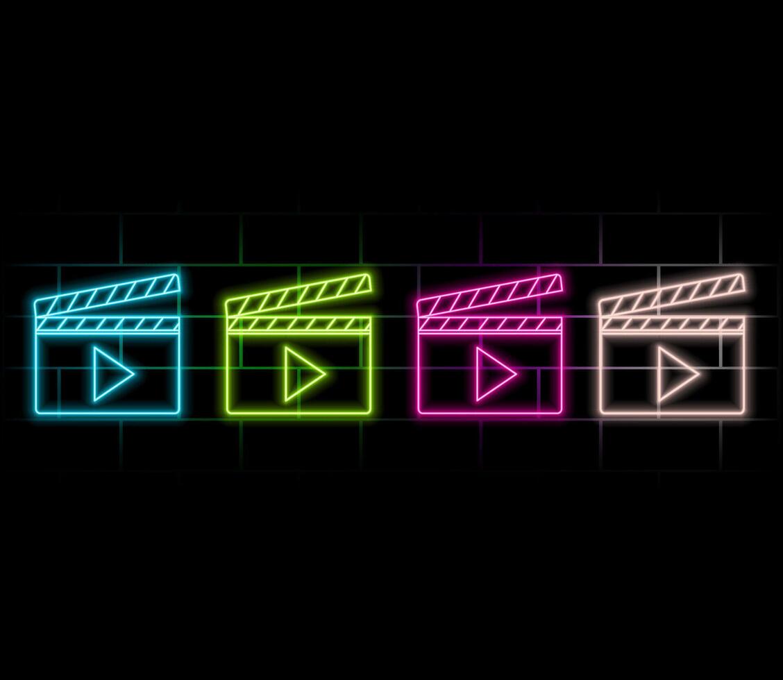 Outline neon clapperboard, violet pink icon. Glowing neon clapper board with play sign. production, cinema editor, movie shooting, music clip recording. Filmmaking studio, multimedia editor vector