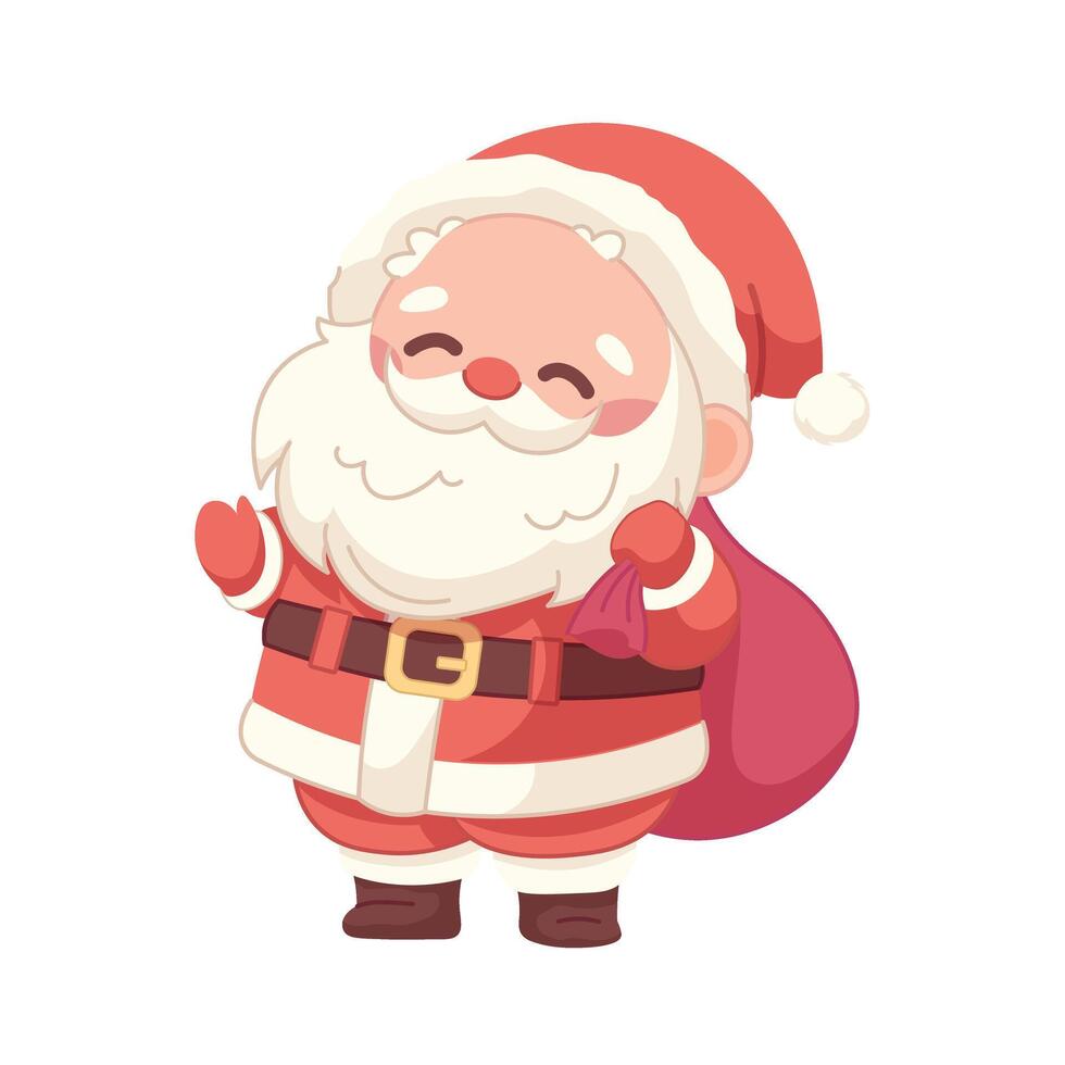 Kawaii Santa Claus on white background. Cute drawn santa waving and smiling. isolated character vector