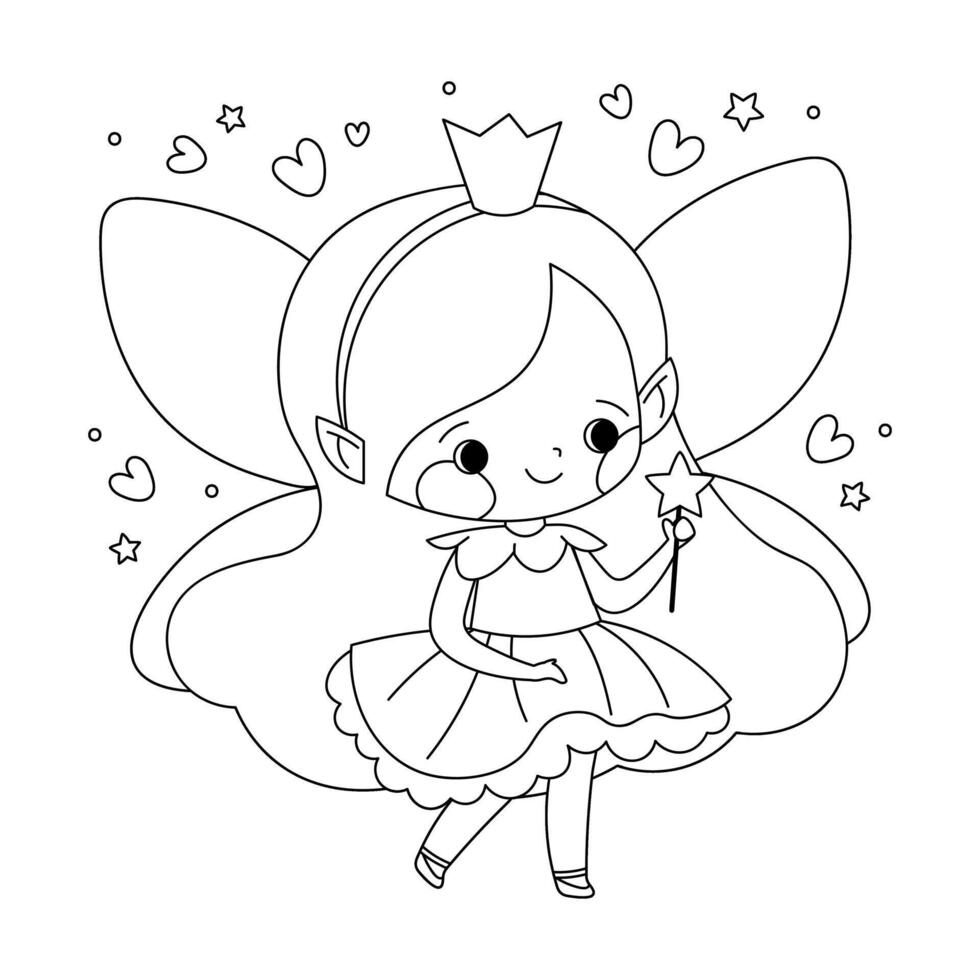 Coloring book for kids with winged princess. Simple coloring book for kids, outline of fairy fairy. template vector