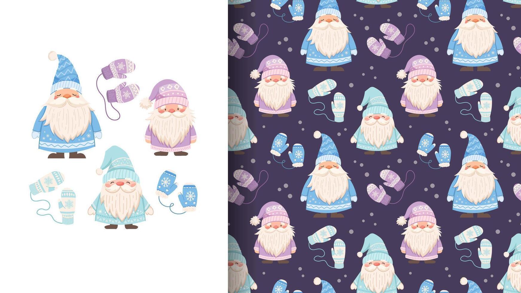 Seamless winter pattern with mittens and gnomes. Warm and cozy ornament for winter. fabric swatch for children vector