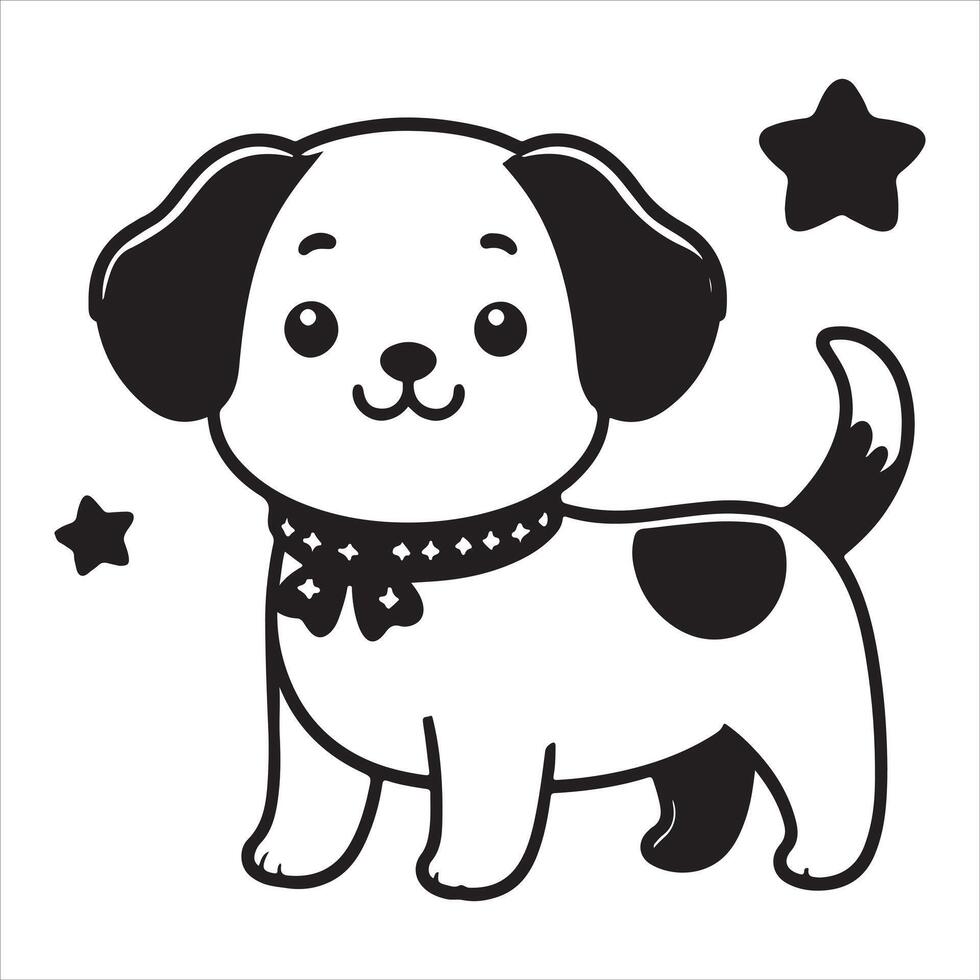 A black-outlined cartoon dog with the words happy dog written on it. vector