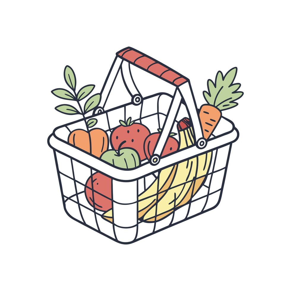 A basket with fruit and vegetables illustration flat style vector