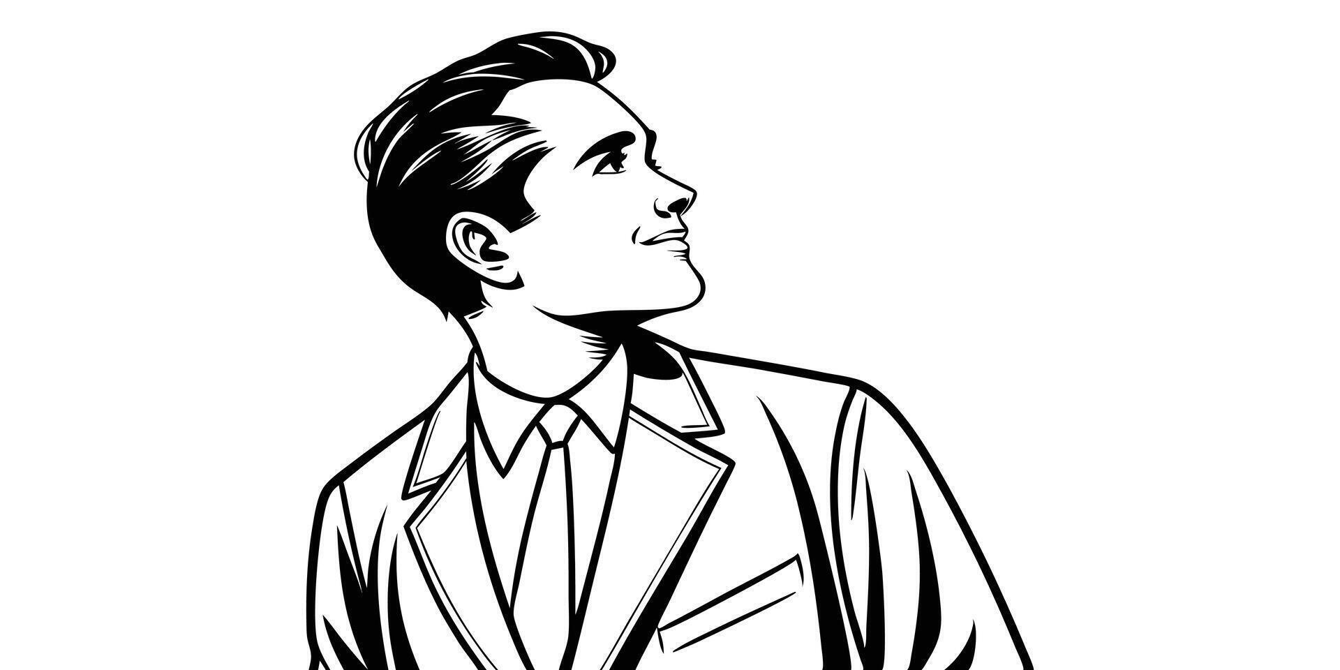 Black and white silhouette of a confident businessman looking upward vector