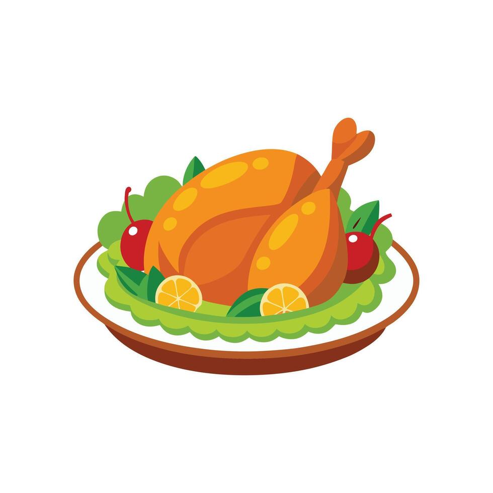 Flat-style illustration of a roasted chicken served on a platter with leafy greens vector