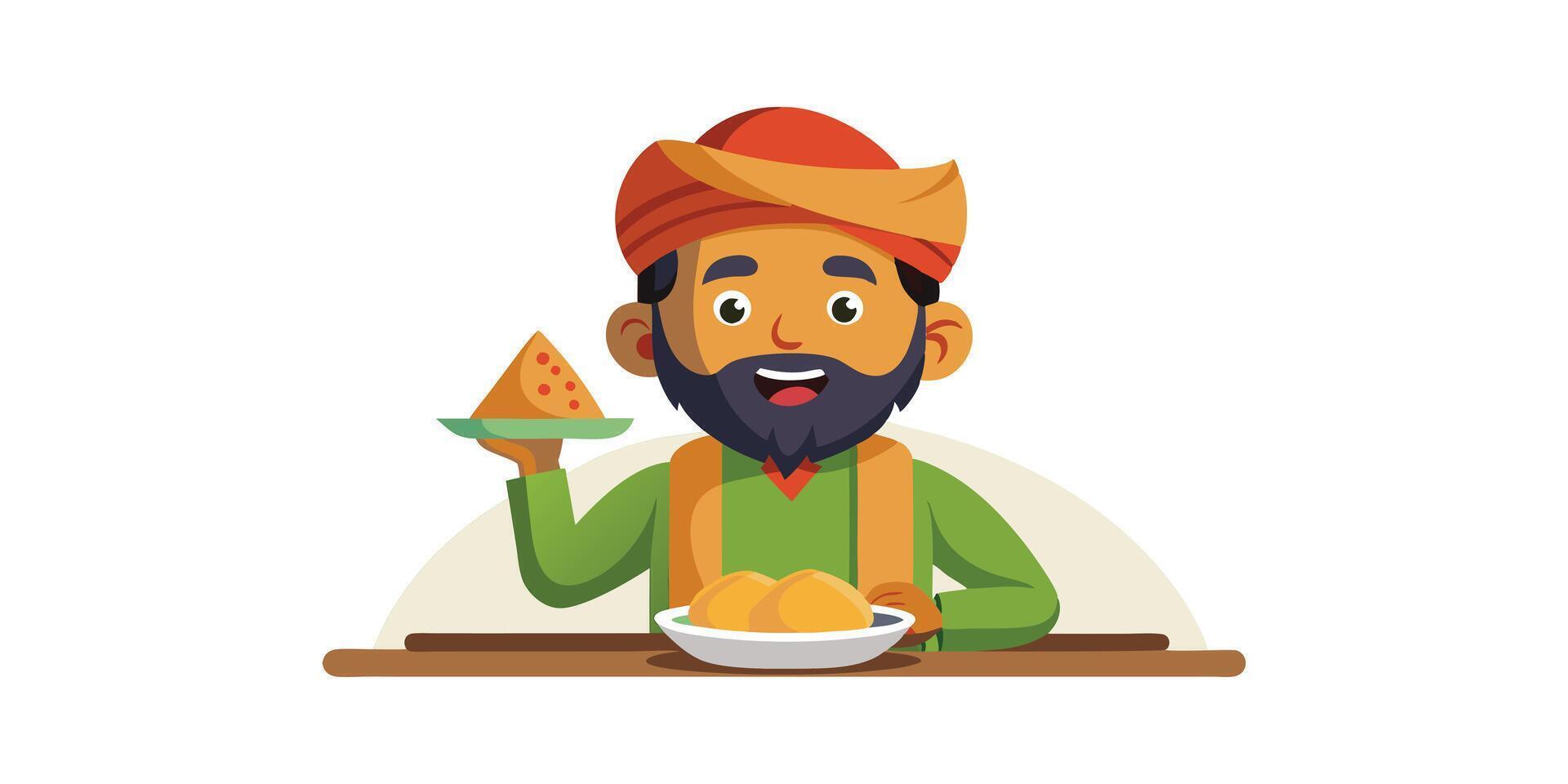 Cartoon-style illustration of a man happily eating a samosa vector