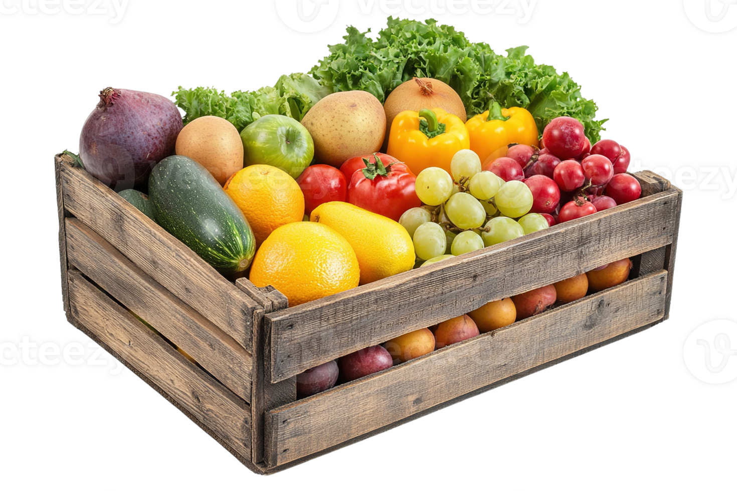 Fresh Fruits and Vegetables in Wooden Crate png