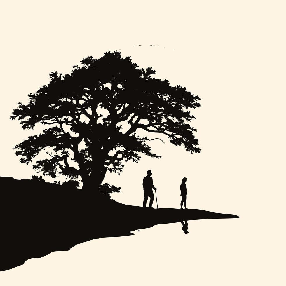 Silhouette of a couple walking under a tree vector