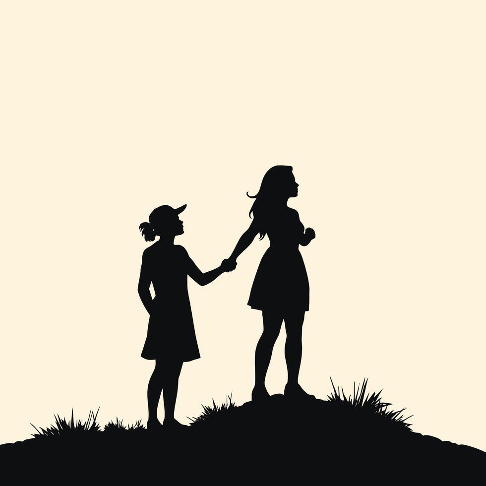 Silhouette of two girls holding hands on a hill vector