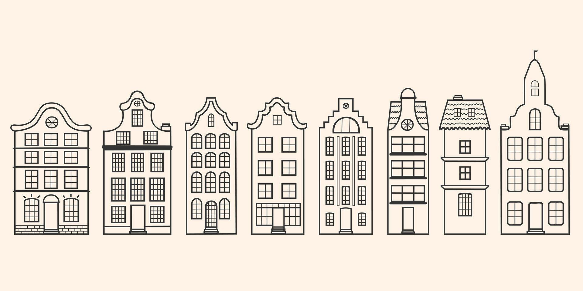 A continuous row of Danish houses, buildings set against a white background vector